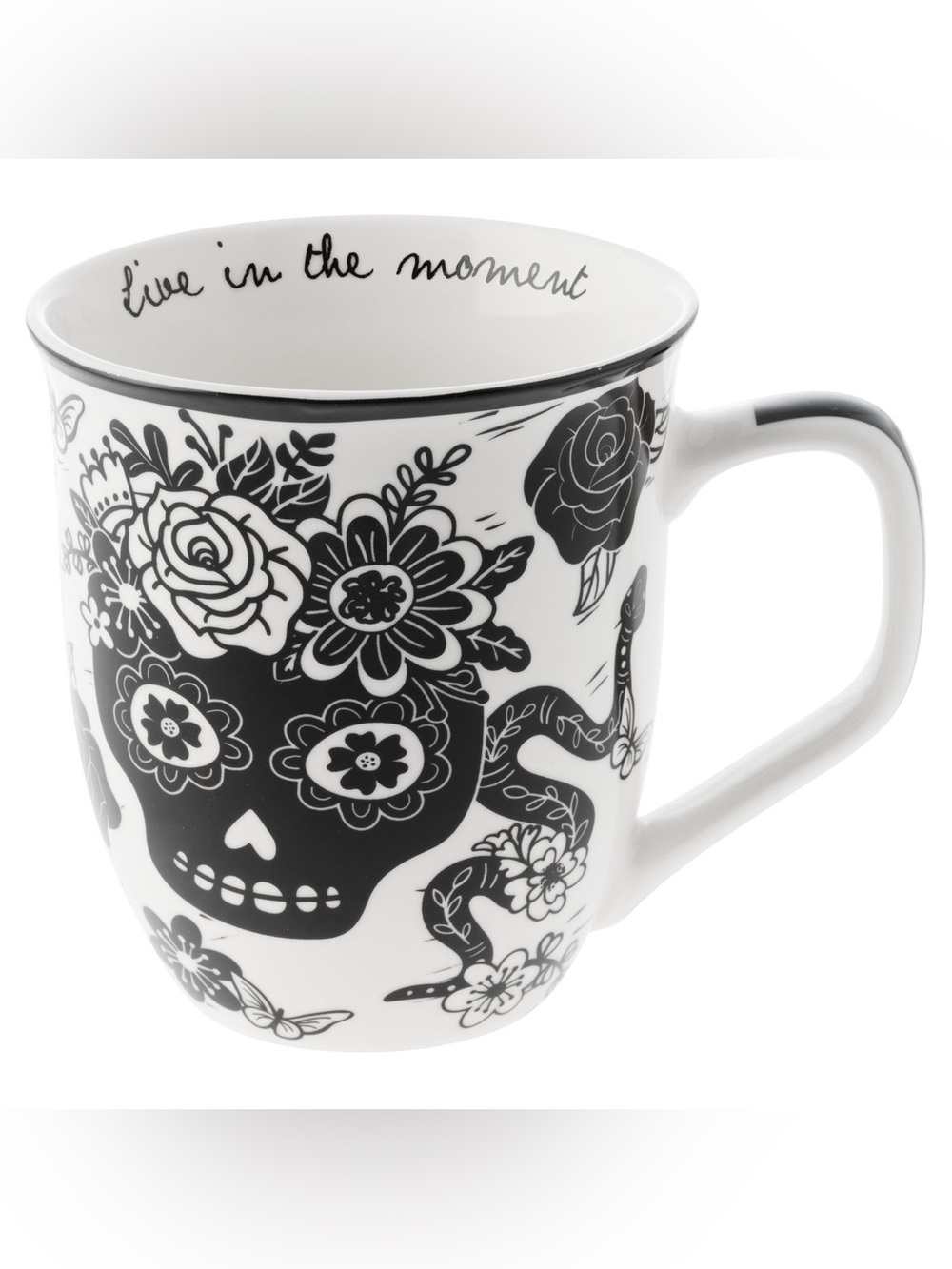 Karma boho Sugar Skull 12oz ceramic mug-“live in the moment”/art all sides - NWT